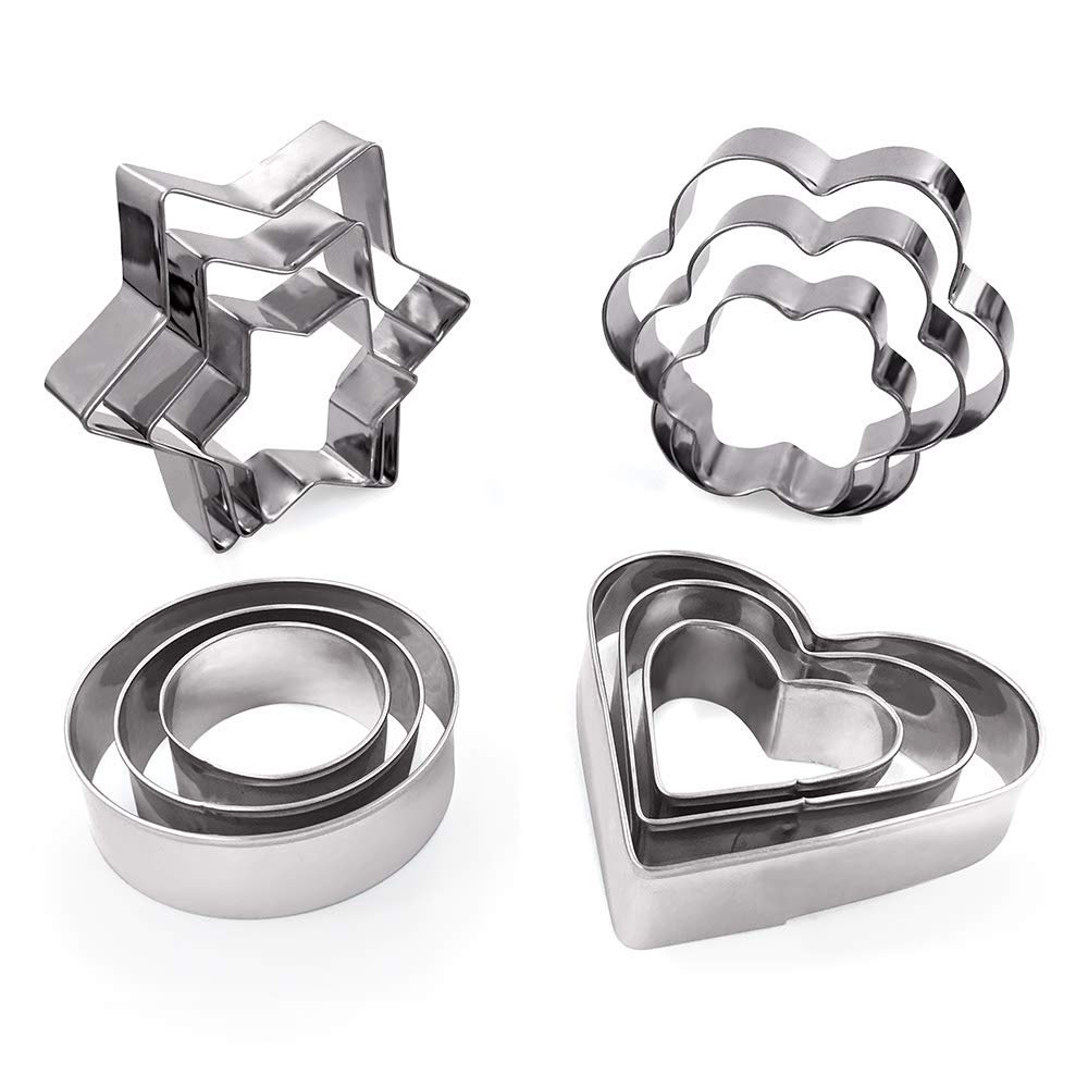 MCIGICM Cookie Cutters Shapes Baking Set, 12PCS Flower Round Heart Star Shape Biscuit Stainless Steel Metal Molds Cutters for Kitchen Baking Halloween Christmas
