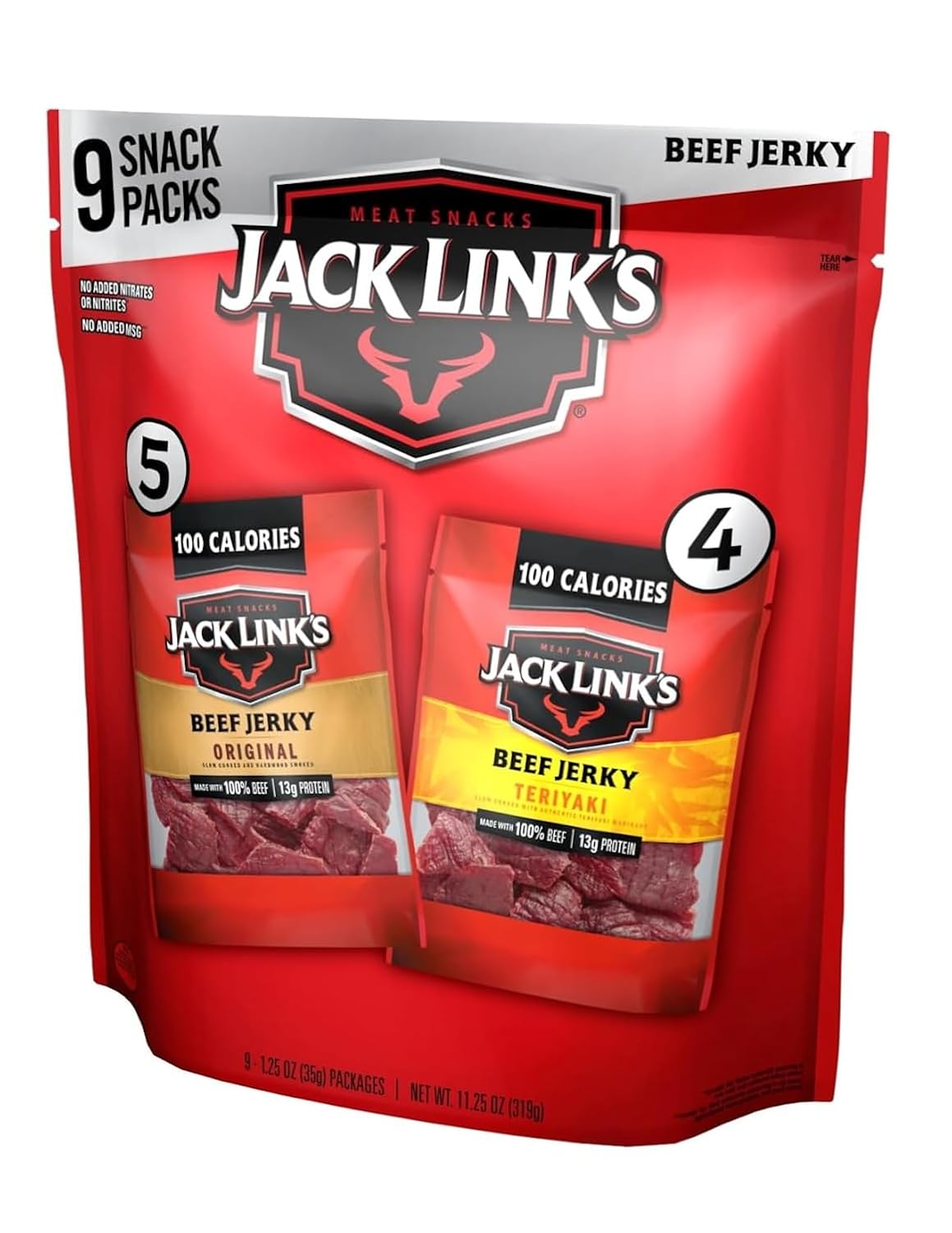 Jack Link's Beef Jerky Variety Pack with Original and Teriyaki Flavors, 9 Pack, 1.25 oz Bag, Ready to Eat Protein Snacks, 13g Protein per Serving