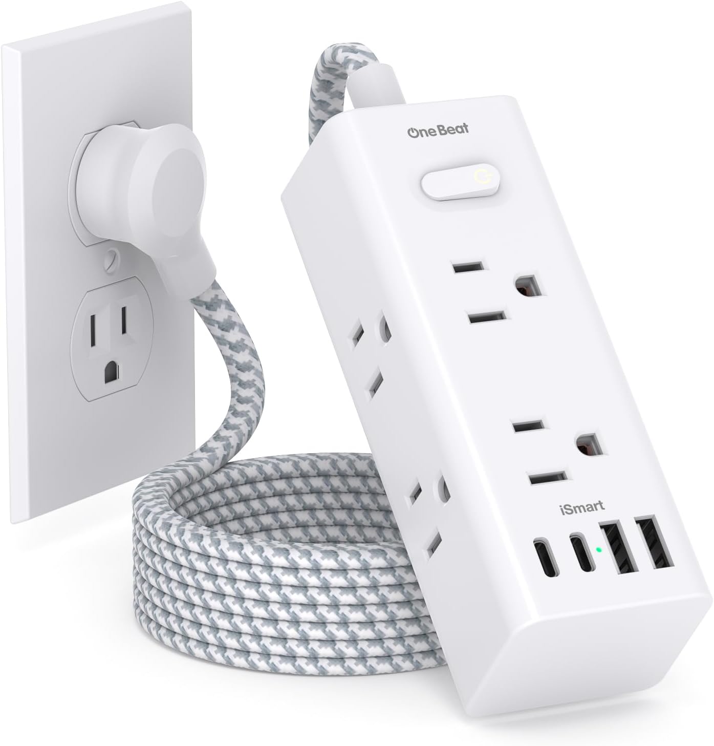 Power Strip Surge Protector - One Beat 6 Widely Outlets with 4 USB Ports (2 USB C), 5 Ft Extension Cord Flat Plug, Wall Mount Outlet Extender Small Power Strip for Travel Home Office College Dorm Room