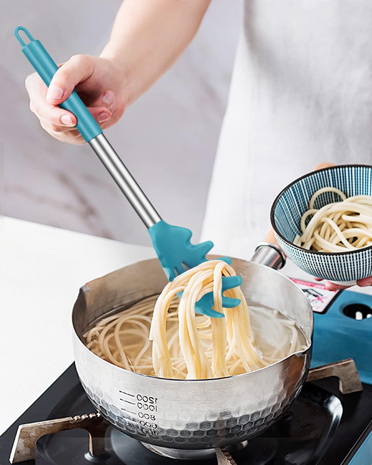 Pack of 2 Silicone Pasta Fork, Kitchen Heat Resistant Noodle Spoon Server, BPA Free Spaghetti Strainer, Best Cooking Tools (GRAY-BLUE)