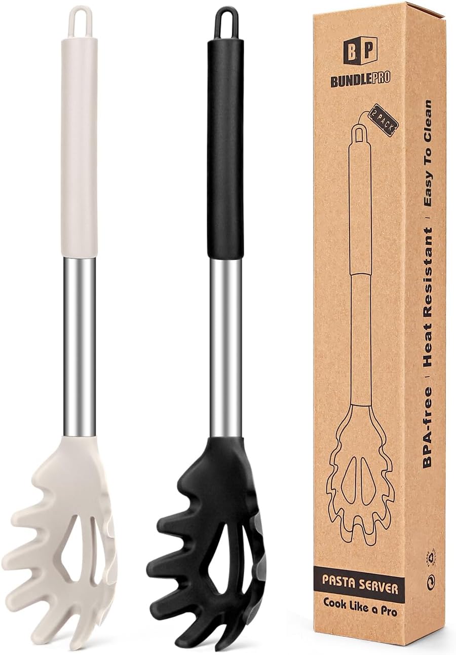 Pack of 2 Silicone Pasta Fork, Kitchen Heat Resistant Noodle Spoon Server, BPA Free Spaghetti Strainer, Best Cooking Tools (GRAY-BLUE)