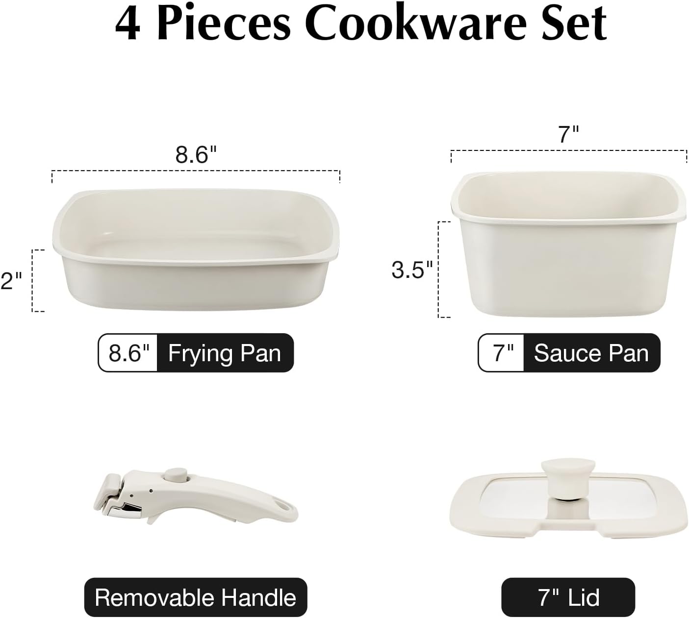 Square Non-Stick Cookware Set - 4Pcs Ceramic Pots & Pans with Detachable Handle, Healthy Non-Toxic & Dishwasher Safe - Space-Saving Design for RV, Camping, Perfect for Pancakes, Bacon & Family Cooking