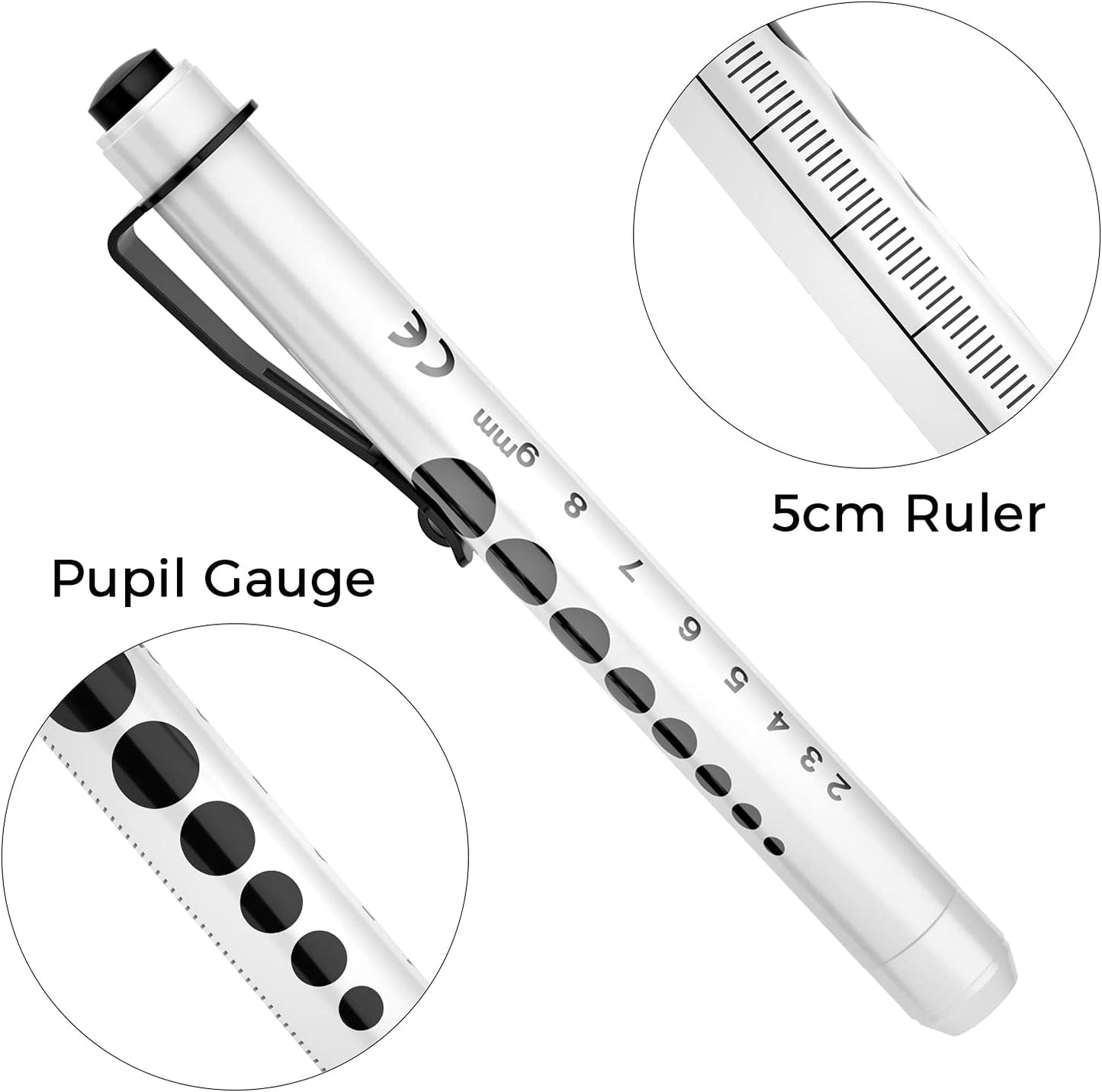 RISEMART Pen Lights for Nurses, 2 Pack Reusable Medical Light with Pupil Gauge and Ruler, White Light LED Penlight for Student Doctors EMT (Black/White)
