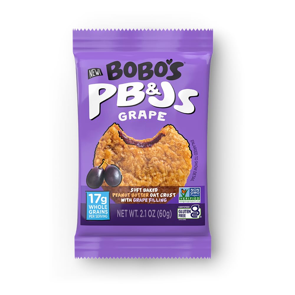 Bobo's Grape PB&J Oat Snacks, Simple Ingredients, Whole Grain Oats, Plant Based, Non-GMO, Gluten Free Breakfast Bars, Healthy Snacks for Adults & Kids (24 Snacks)