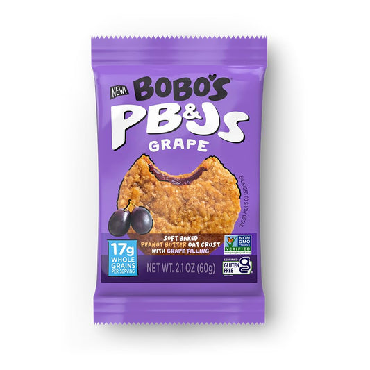 Bobo's Grape PB&J Oat Snacks, Simple Ingredients, Whole Grain Oats, Plant Based, Non-GMO, Gluten Free Breakfast Bars, Healthy Snacks for Adults & Kids (24 Snacks)
