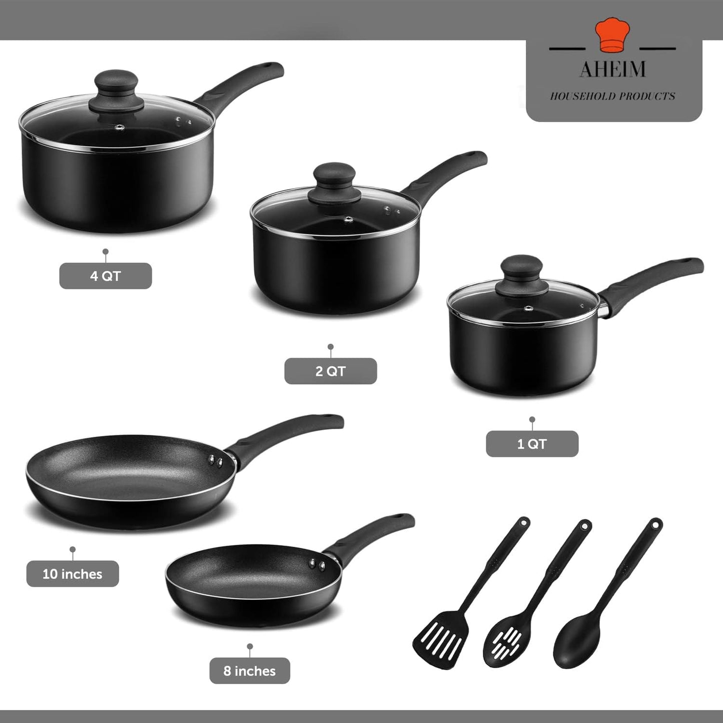 Pots and Pans Set, Aluminum Nonstick Cookware Set, Fry Pans, Casserole with Lid, Sauce Pan, and Utensils, 11 Piece Cooking Set (Black)