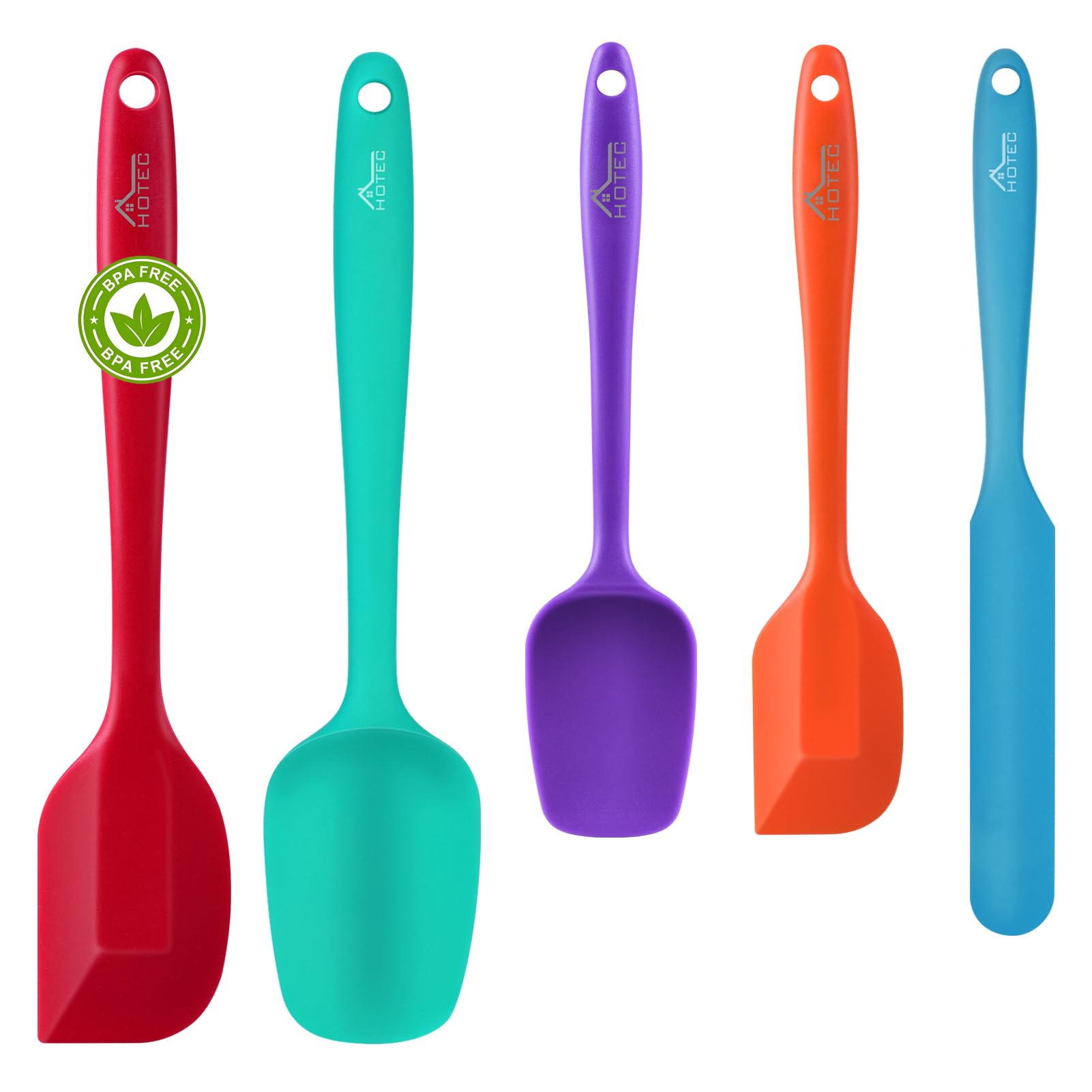 HOTEC Heat Resistant 600℉ Food Grade Silicone Rubber Spatula Set for Baking, Cooking, and Mixing Non Stick Dishwasher Safe BPA-Free Multicolor Set of 5