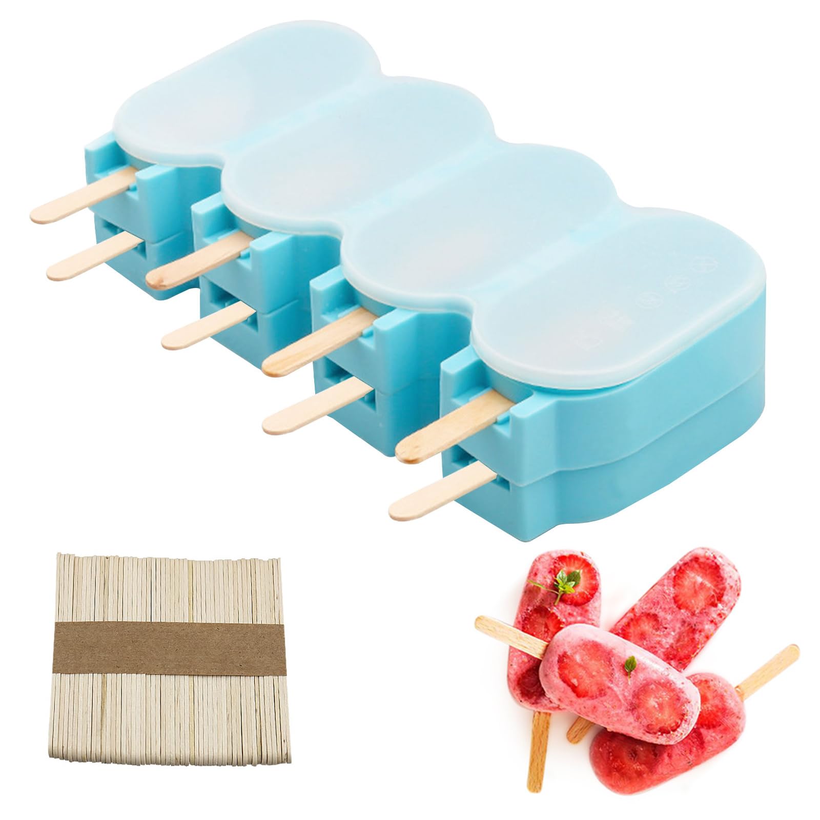 2Pcs Popsicle Silicone Molds with Cover Reusable Frozen Ice Cream Candy Dessert Cakesicle Moulds DIY Ice Lolly 3D Chocolate Molds for Baking Cake Pop with 50 Wooden Sticks