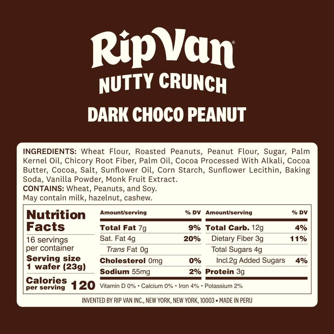 Rip Van Nutty Crunch Dark Chocolate Peanut Butter Wafer – Crispy Wafer Snack, Low Sugar, 120 Calories, Individually Wrapped - 16 Count