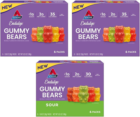Atkins Endulge Gummy Bears Variety Pack, Low Sugar, Keto Friendly Candy, 18 Pack (12 Sweet Gummy Bears, 6 Sour Gummy Bears)