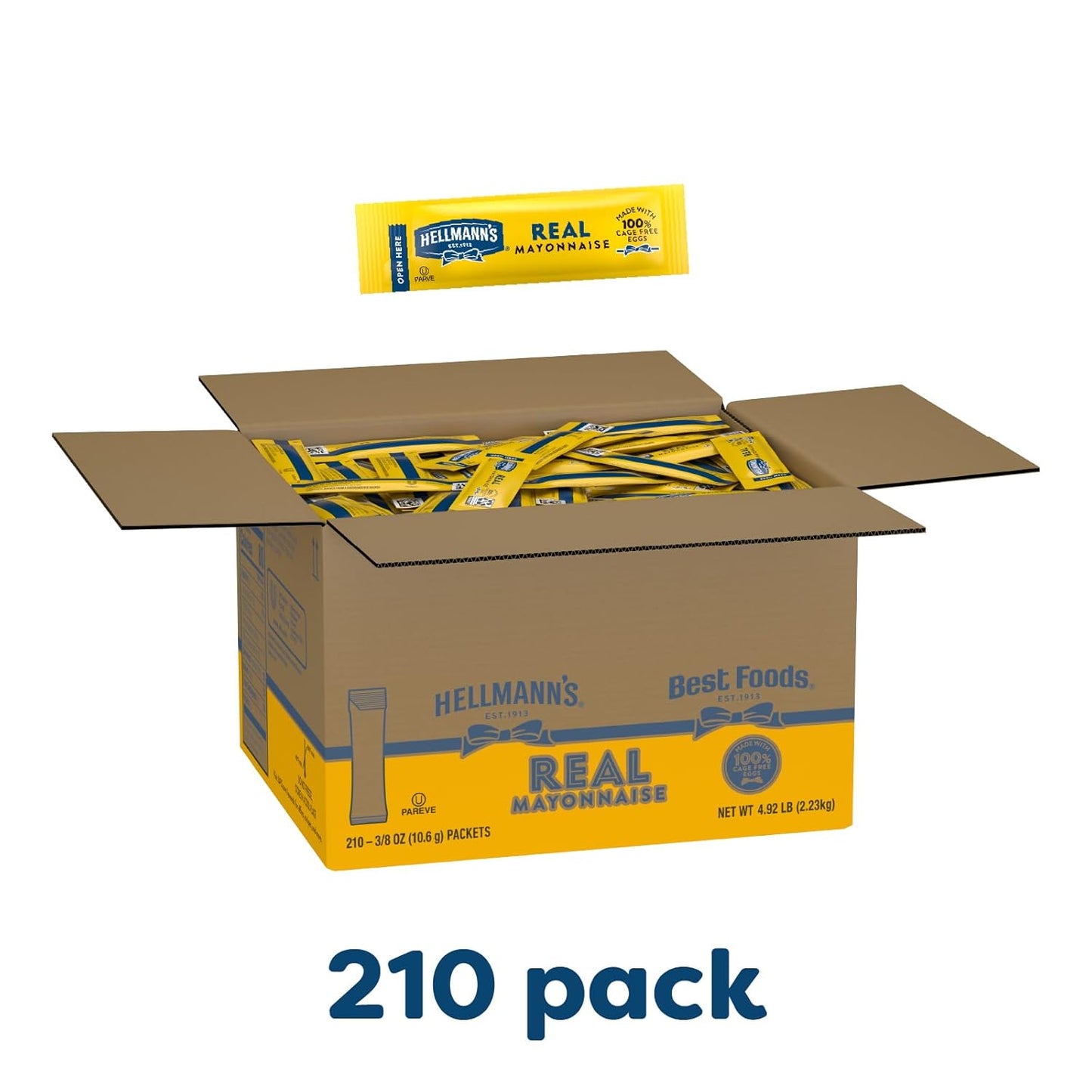 Hellmann's Real Mayonnaise Stick Packets Easy Open, Condiment for Sandwiches, Salads, Mayo Made with 100% Cage Free Eggs, Gluten Free, 0.38 oz, Pack of 210