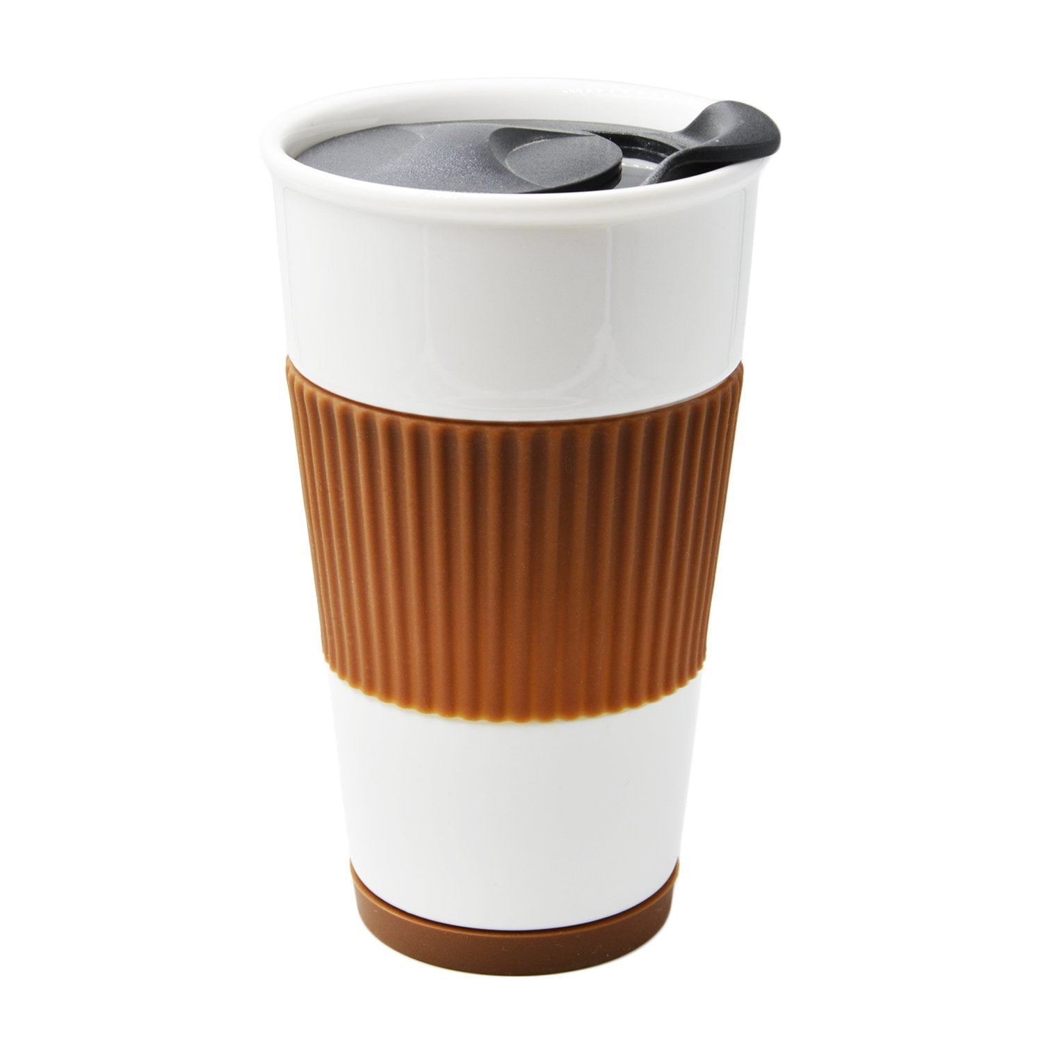 Ceramic Double Wall Insulated Travel Coffee Cup with Slider Lid, Silicone Sleeve & Built-In Coaster, 10 fl.oz (Coffee)