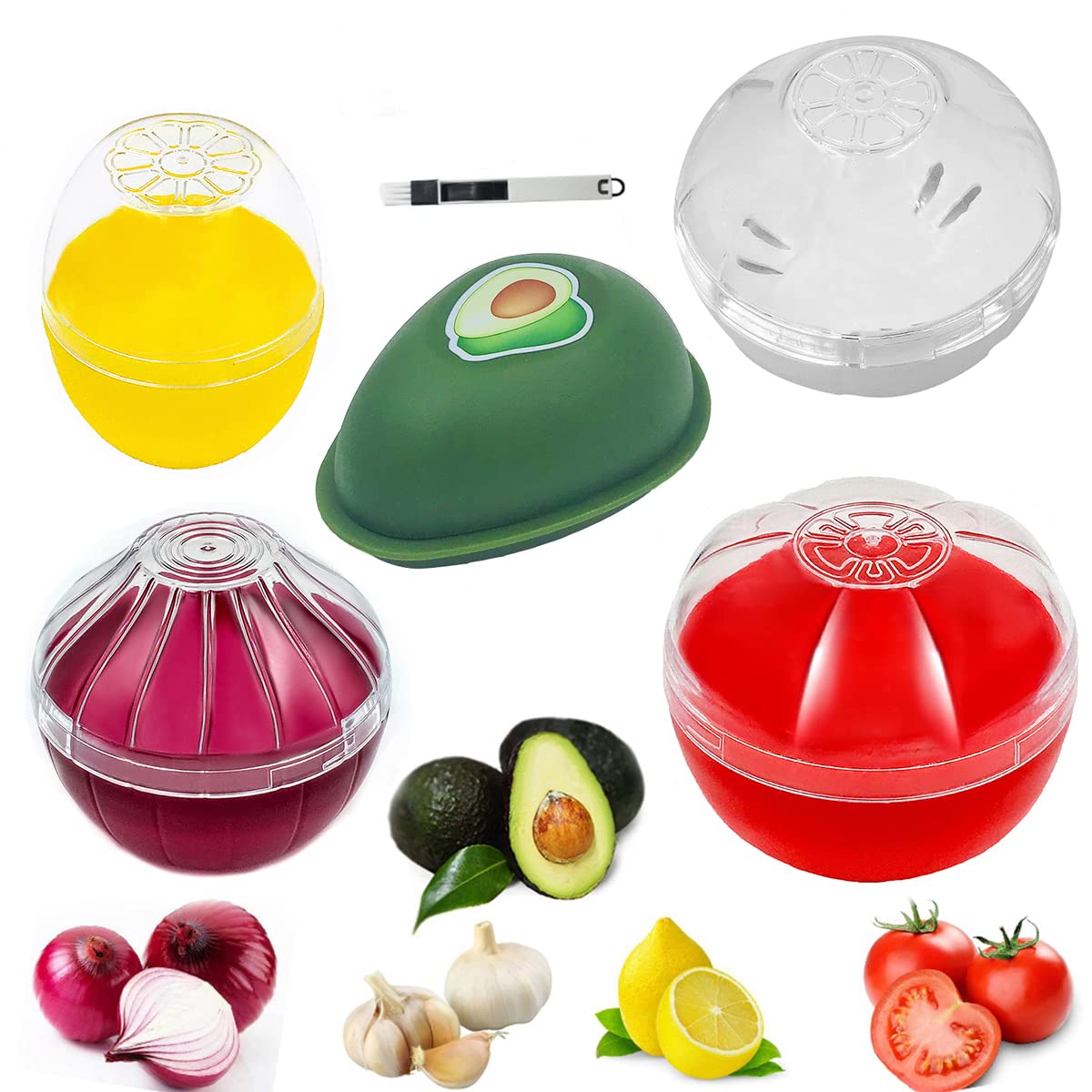 Onion Garlic Lemon Avocado Saver Storage Keeper Holder for Fridge, BPA Free Tomato Vegetable Shaped Food Saver/Storage Containers, 5-piece Set Bundle