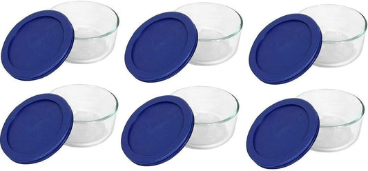 Pyrex 7200 2-Cup Glass Bowl & 7200-PC Dark Blue Lid (6-Pack) - Made in USA