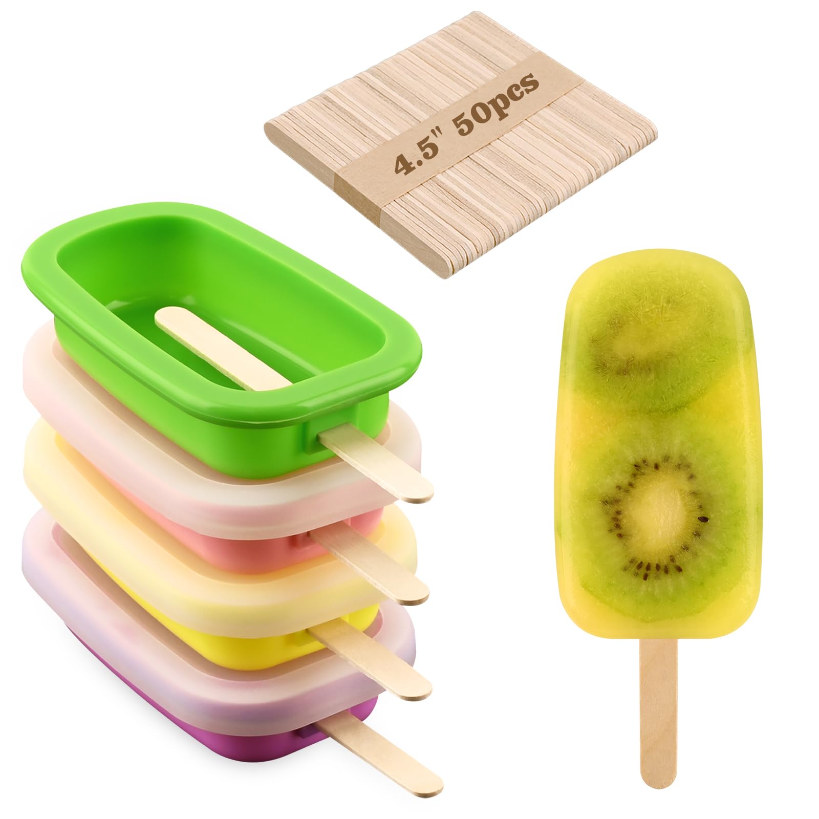 WMKGG Stackable Silicone Popsicle Molds with Lids, 4 PCS Ice Cream Molds with 50 Wooden Sticks for Cake Pop, Ice Pop, Cakesicle (Standard Size/Multicolor)