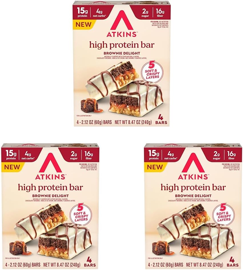 Atkins High Protein Bars, Cookie Fusion Flavor, 15g of Protein, 4g Net Carbs, Keto Protein Bars, Low Sugar, 4 Count