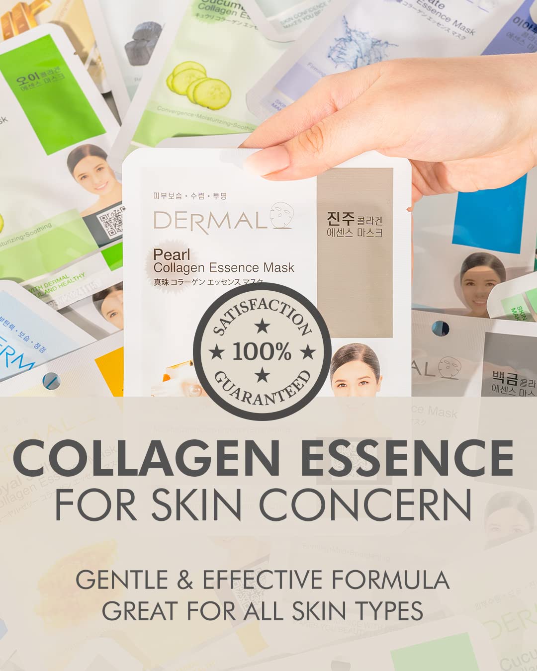 DERMAL Korean Collagen Face Mask – Hydrating & Soothing Sheet Mask with Panthenol – Hypoallergenic Calming Moisture Care for All Skin Types – 24 Combo Pack