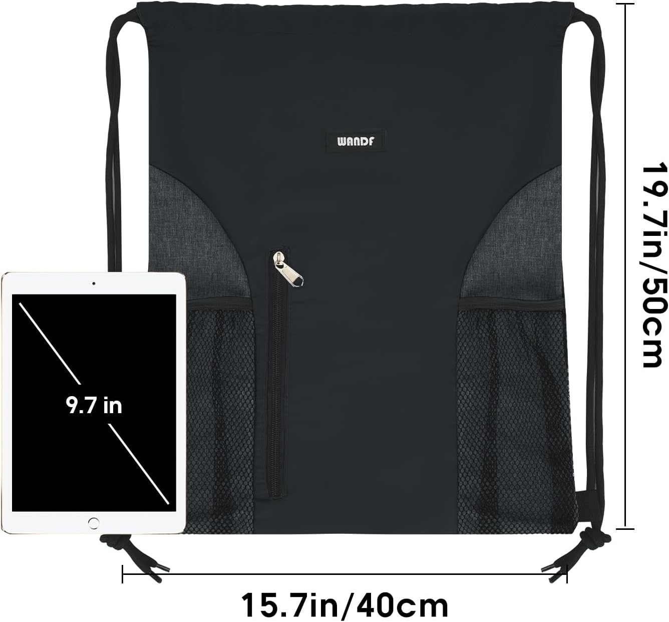 WANDF Drawstring Backpack Sports Gym Sackpack with Mesh Pockets Water Resistant String Bag for Women Men(Black)