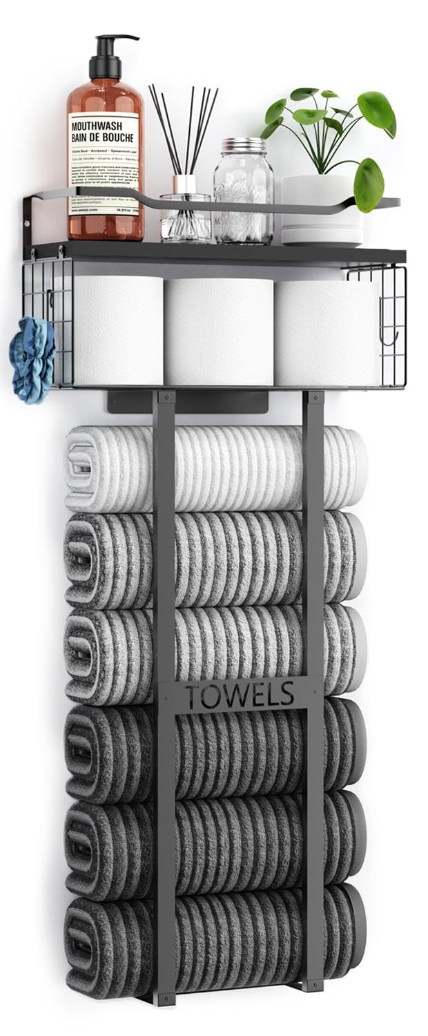 Towel Racks for Bathroom 31inch Wall Mounted Towel Rack,Floating Shelf with Wood Plank,Towel Storage for Bathroom can Holds 6 Large Rolled Towels,All Black