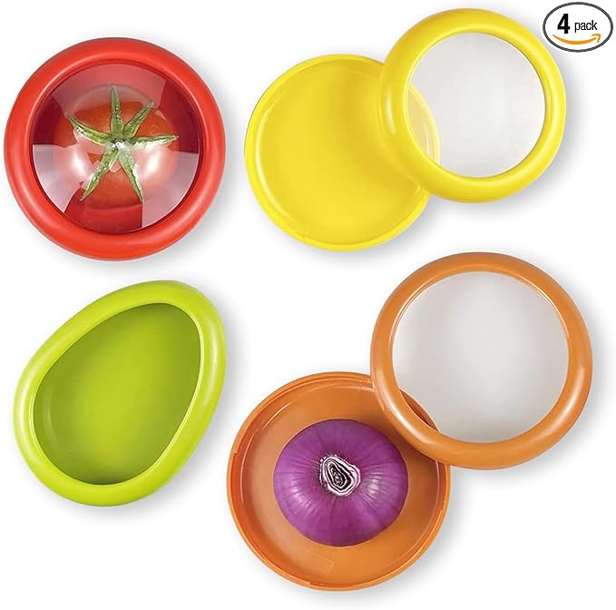 Set of 4 Fresh Food Containers, Fresh Pod, Reusable Silicone Storage Pods for Avocado, Onions, Tomatoes, Garlic – Anti-Oxidation for Fridge, Send Goods from Local Warehouse
