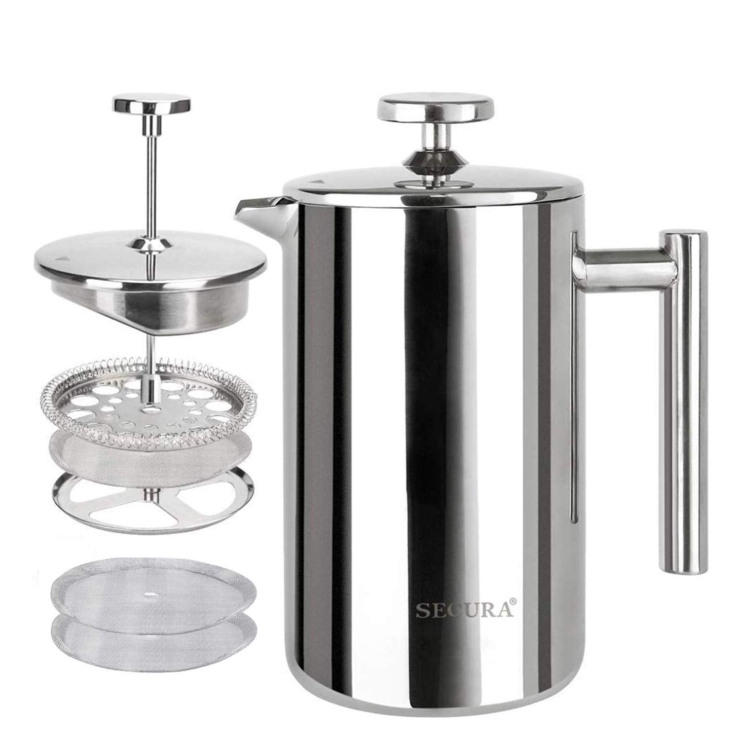 Secura French Press Coffee Maker, 304 Grade Stainless Steel Insulated Coffee Press with 2 Extra Screens, 12oz (0.35 Litre), Silver