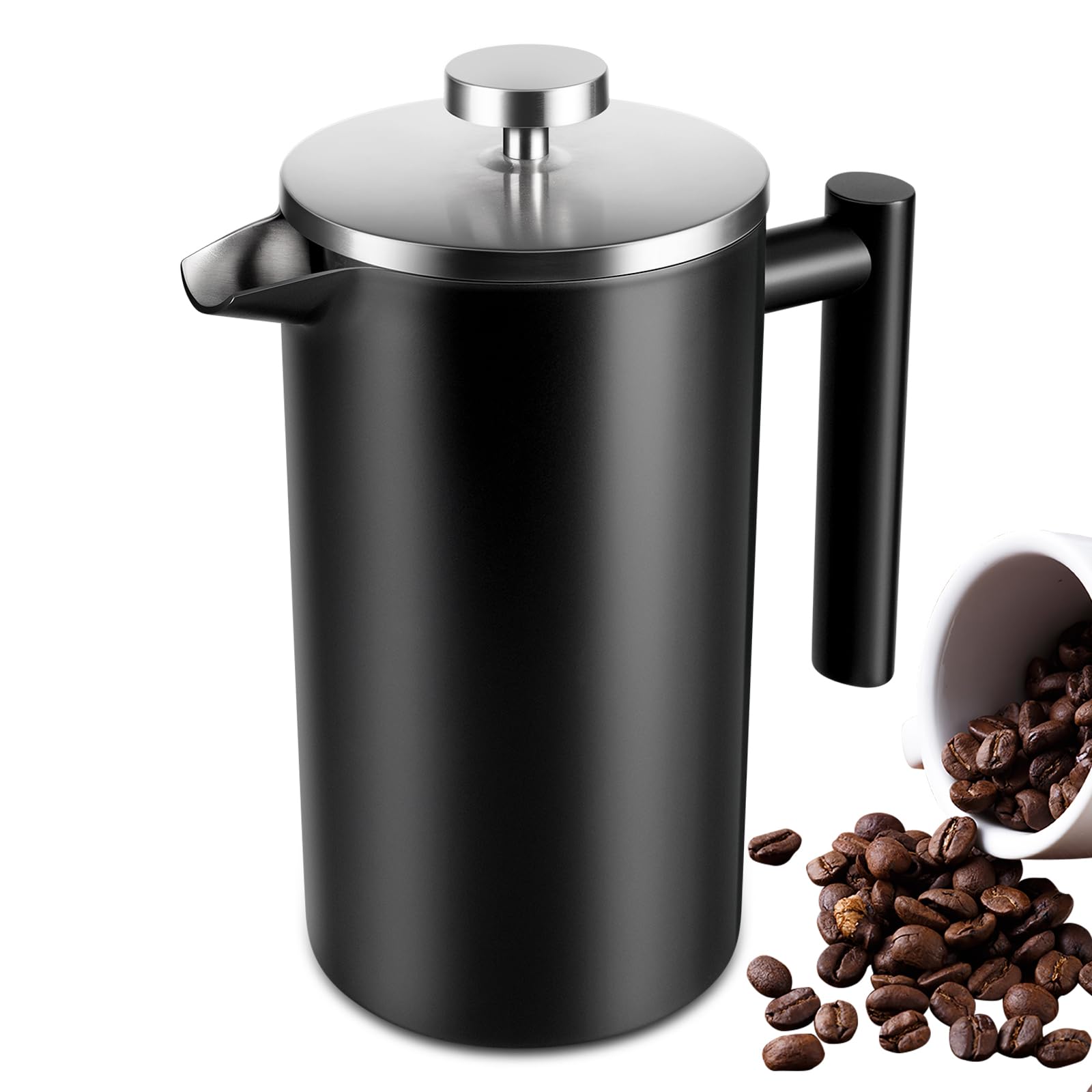 34 OZ Large French Press, Premium Stainless Steel Sturdy Insulated French Press Coffee Maker, 4-8 Cups French Coffee Press, Tea Presses for Home Kitchen Caming Loose Tea, Elegant Black