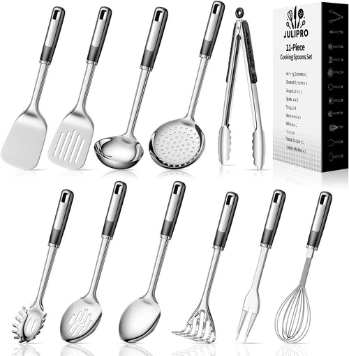 Set of 11 stainless steel kitchen utensils with handles on a white background, featuring the Julipro brand.