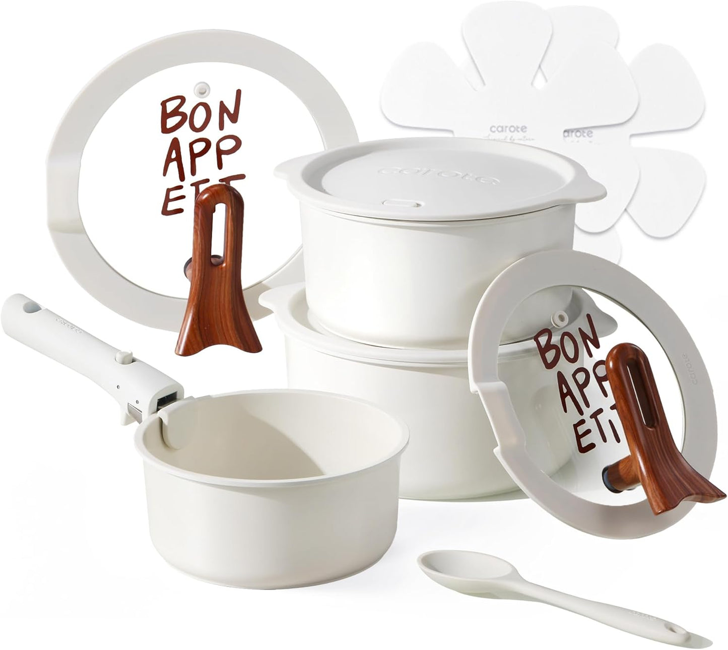 CAROTE Ceramic Pots and Pans Set Non Stick, Nonstick Kitchen Cookware Sets with Lid, Detachable Handle Sauté Pan Set, Non Toxic Frying Pan, Oven Safe, Induction Ready, Cream White