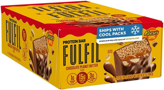 FULFIL Chocolate Peanut Butter Flavored Protein Bar Made with REESE's Peanut Butter, Gluten Free with 15g Protein, Pantry Staples, 12 Count