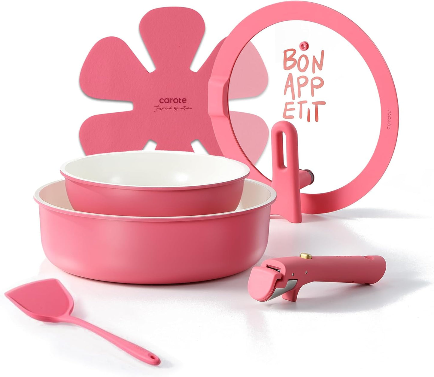 CAROTE Ceramic Pots and Pans Set Non Stick, Nonstick Kitchen Cookware Sets with Lid, Detachable Handle Sauté Pan Set, Non Toxic Frying Pan, Oven Safe, Induction Ready, Cream White