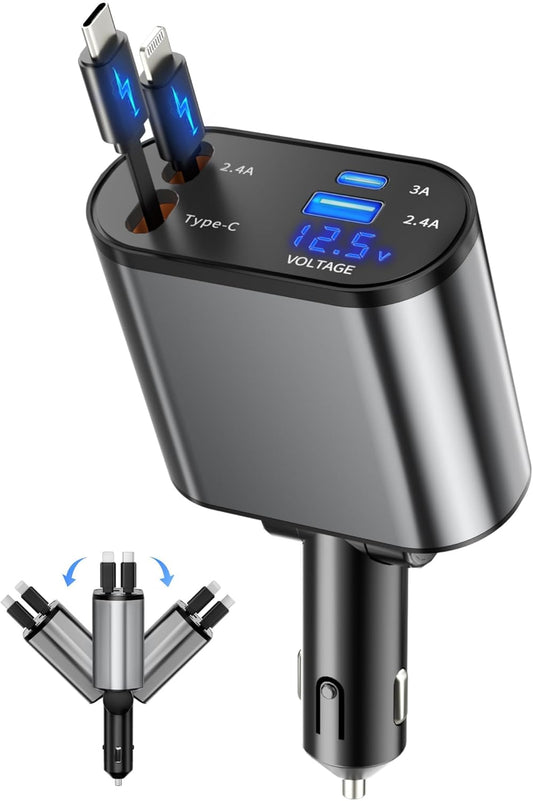 Retractable Car Charger, 4 in 1 Fast Charging Car Charger USB-C & USB-A Compatible with iPhone 17/16/15/14/13/12/11,Galaxy,Pixel
