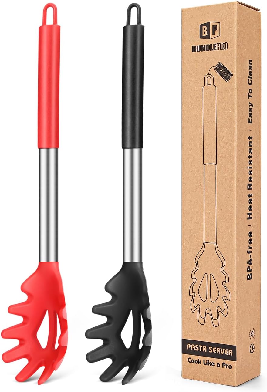 Pack of 2 Silicone Pasta Fork, Kitchen Heat Resistant Noodle Spoon Server, BPA Free Spaghetti Strainer, Best Cooking Tools (GRAY-BLUE)