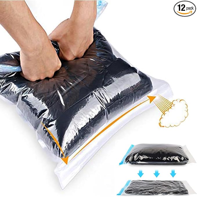 Compression Bags - Travel Essentials - 12 Pack Space Saver Bags - No Vacuum Pump Or Air Extractor is Needed - Storage Accessorie and Home Packing Organizers (transparent)
