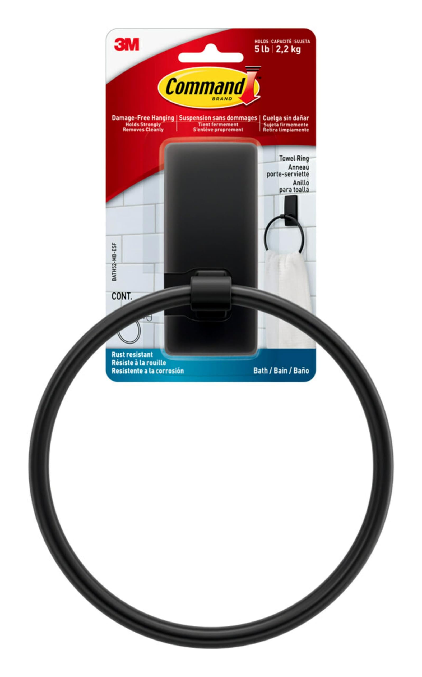 Command Hand Towel Holder Matte Black with Water Resistant Command Strips, Rust Resistant Bathroom Organizer, Holds up to 5 lbs