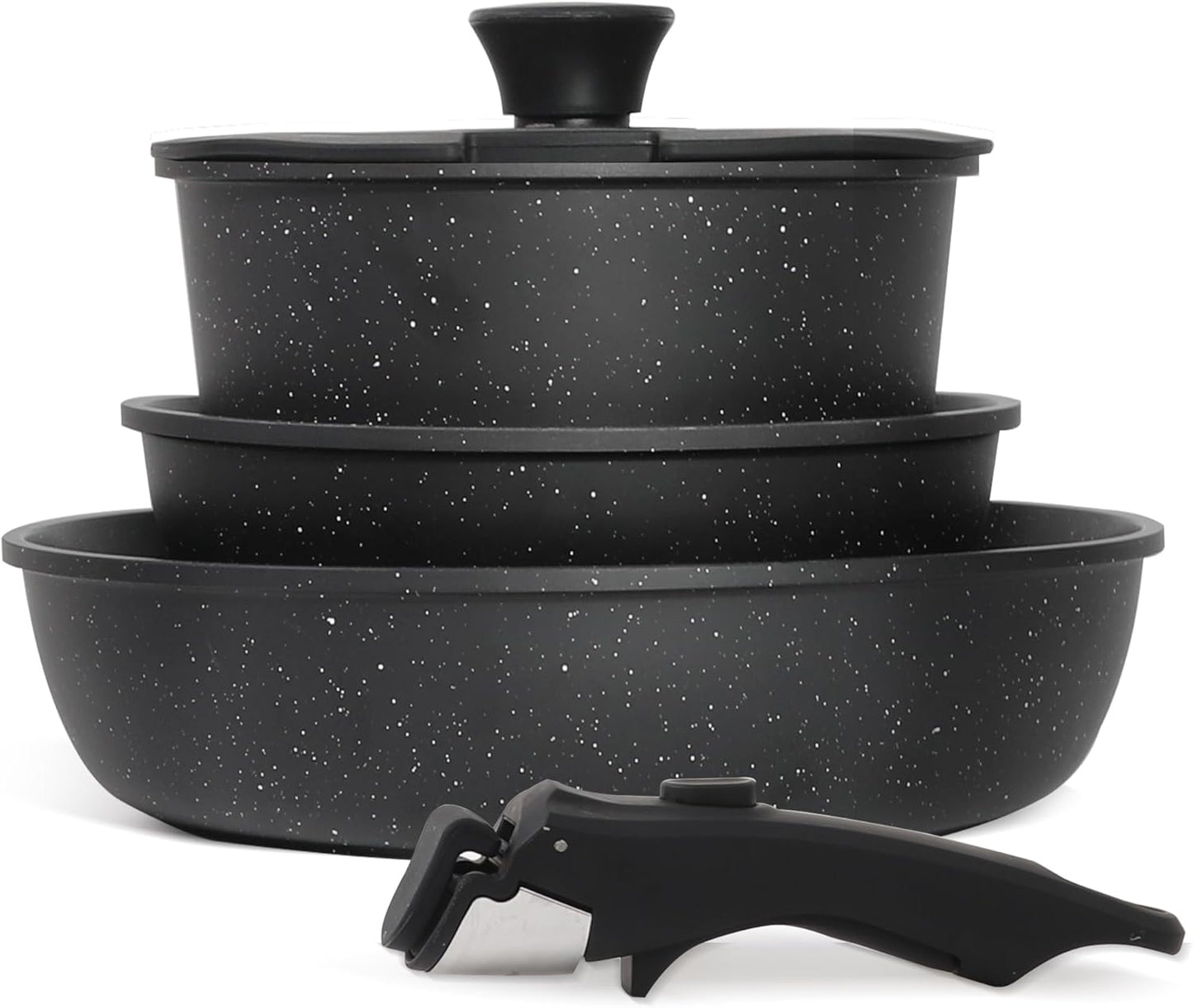 5PCS Pots and Pans Set Non Stick, Kitchen Cookware Sets with Detachable Handle, Ceramic Cookware Sets, Non Stick RV Cookware Cooking Set, Dishwasher ＆ Oven Safe, PFOA Free, Black