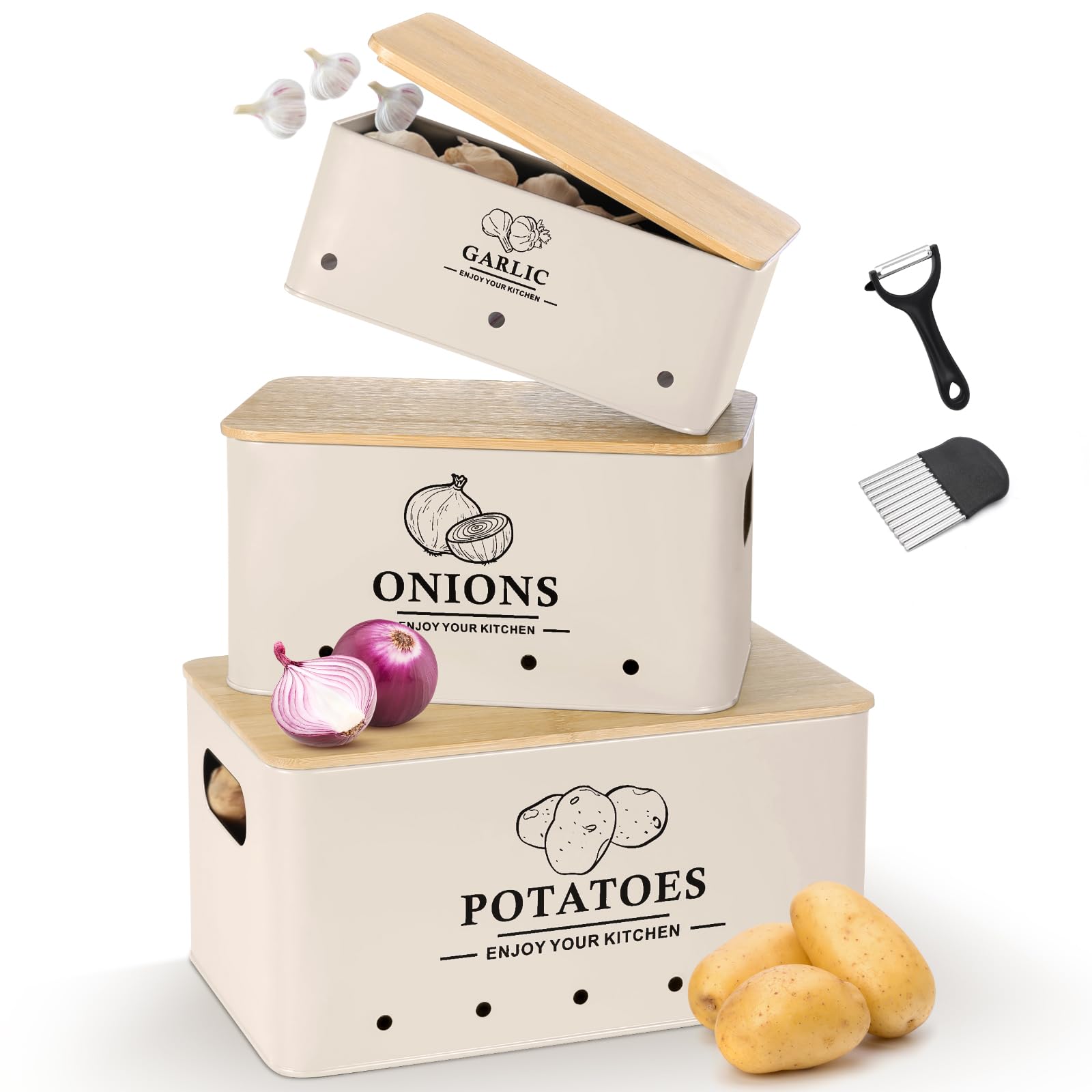 Kitchen Vegetable Storage Set of 3, Metal Onion Garlic Potato Storage Set, Kitchen Canisters Vegetable Keeper Containers with Aerating Holes and Wooden Lid (Beige)