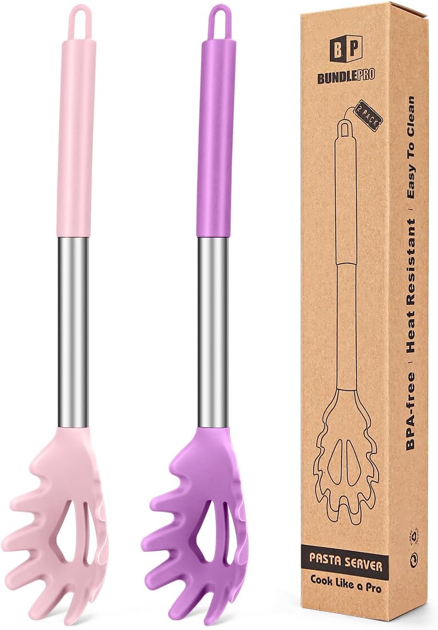 Pack of 2 Silicone Pasta Fork, Kitchen Heat Resistant Noodle Spoon Server, BPA Free Spaghetti Strainer, Best Cooking Tools (GRAY-BLUE)