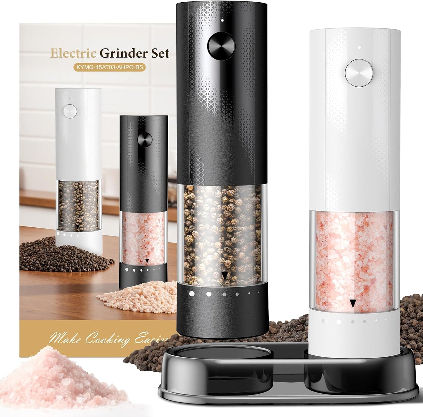 Electric Salt and Pepper Grinder Set - Rechargeable Automatic Salt and Pepper Shakers, Kitchen Appliances with External Adjustable Coarseness, Larger Hopper for Christmas Gifts(2 Pack,Black/Black)