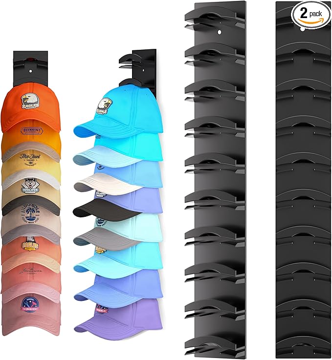 Hat Organizer for Baseball Caps 2Pack, Hat Rack for Wall with Strong Adhesive Hold up to 20 Hats, Hat Hanger Holder Display for Door Closet, Cap Organizer Storage Multilayer Two Mounting Option(Black)