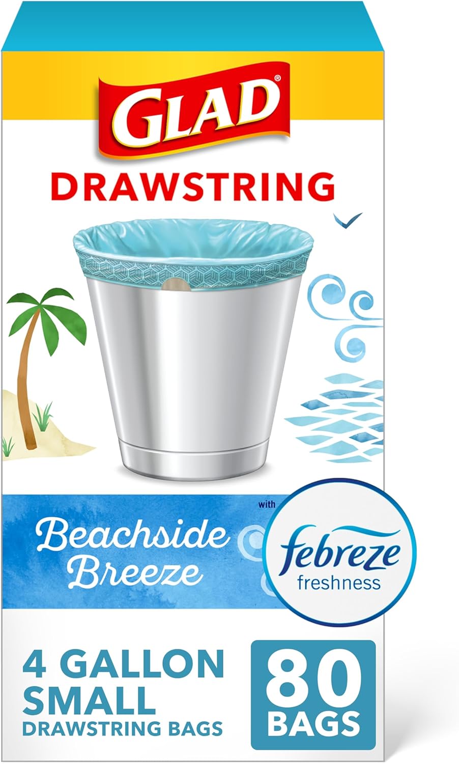 Glad Odorshield Small Drawstring Trash Bags, 4 Gal, Febreze Beachside Breeze, 80 Ct, Pack May Vary