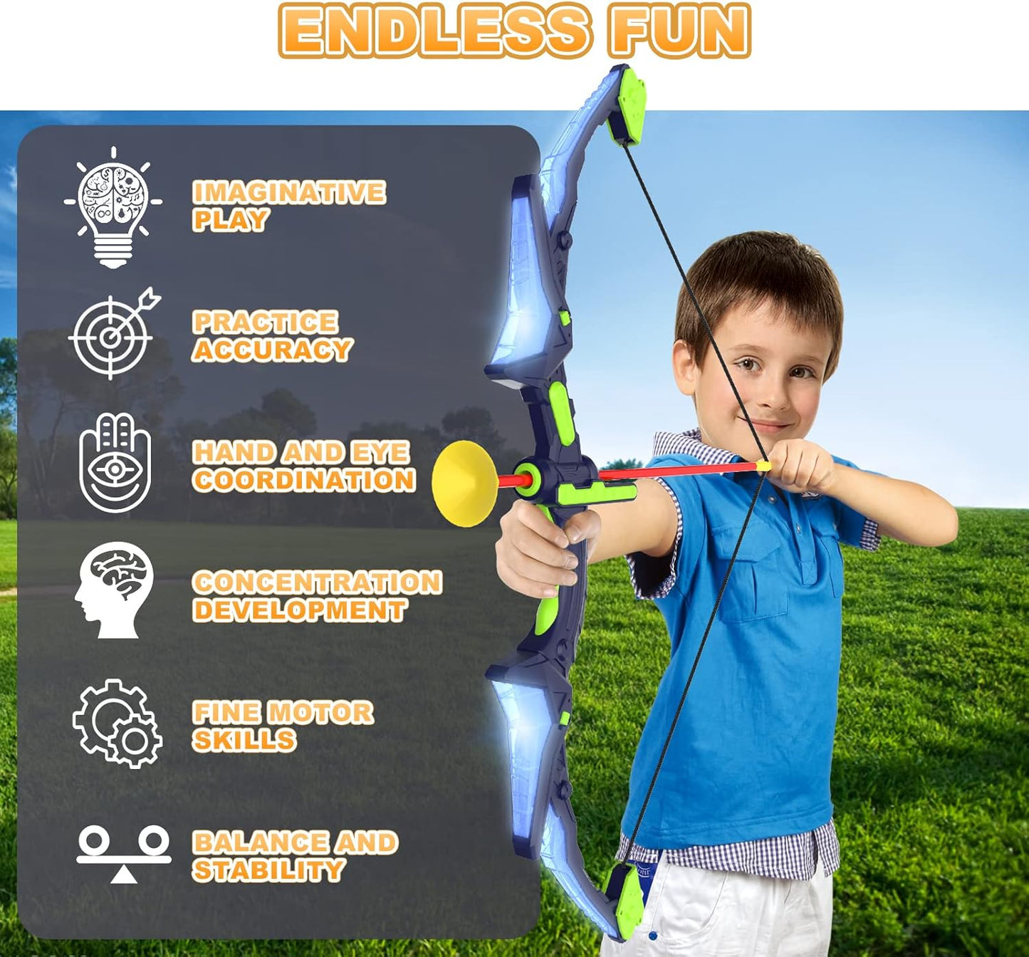 2 Pack Kids Bow and Arrow Set with LED Flash Lights, 14 Suction Cup Arrows and Fluorescence Standing Target-Perfect Indoor and Outdoor Game Archery Set Toy Gift for 4 5 6 7 8-12 Year Old Boys