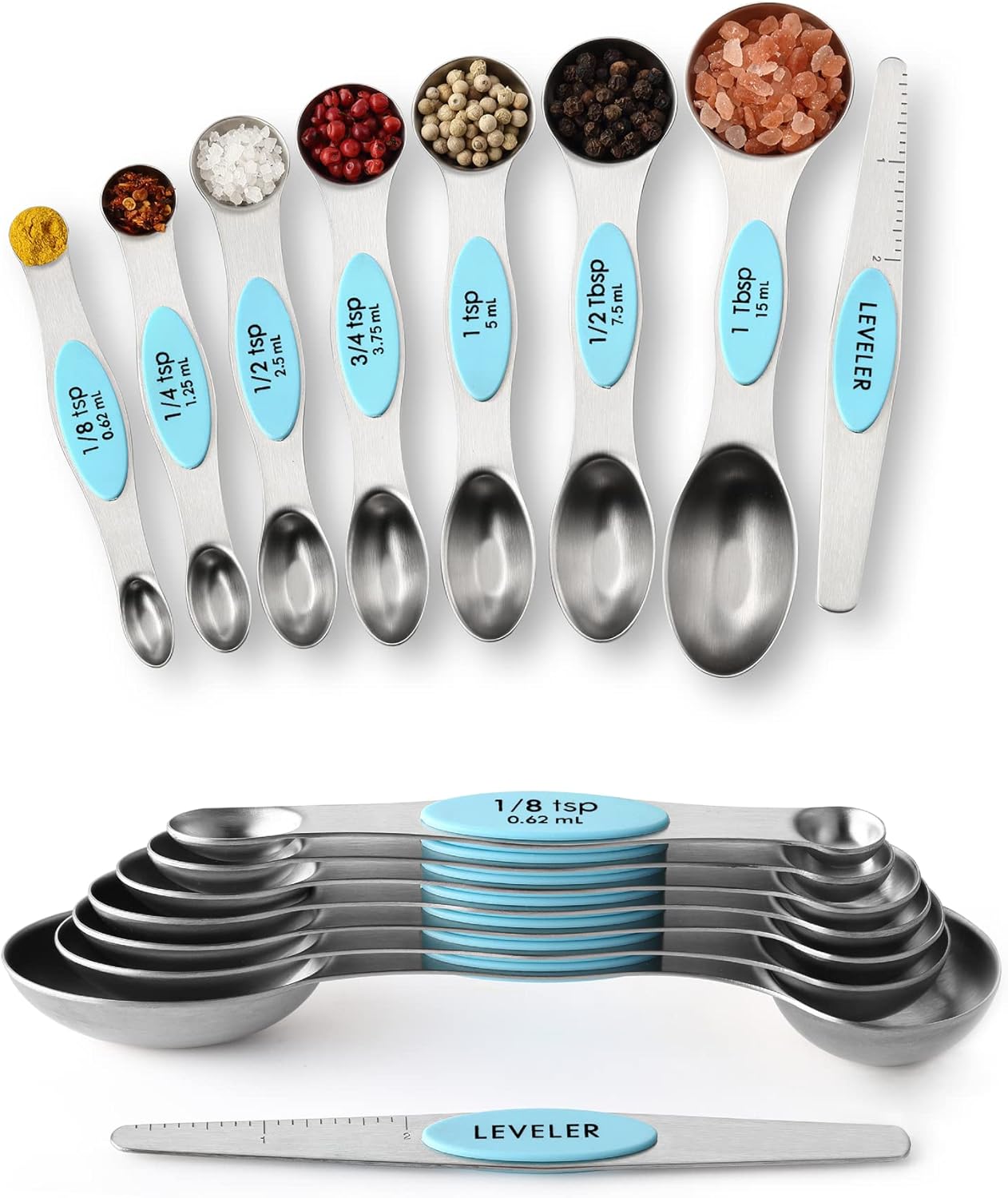 Spring Chef Stainless Steel Magnetic Measuring Spoons Set with Strong N45 Magnets, Heavy Duty Metal Kitchen Gadgets for Baking & Cooking, Fits in Most Kitchen Spice Jars, Set of 8 with Leveler, Black