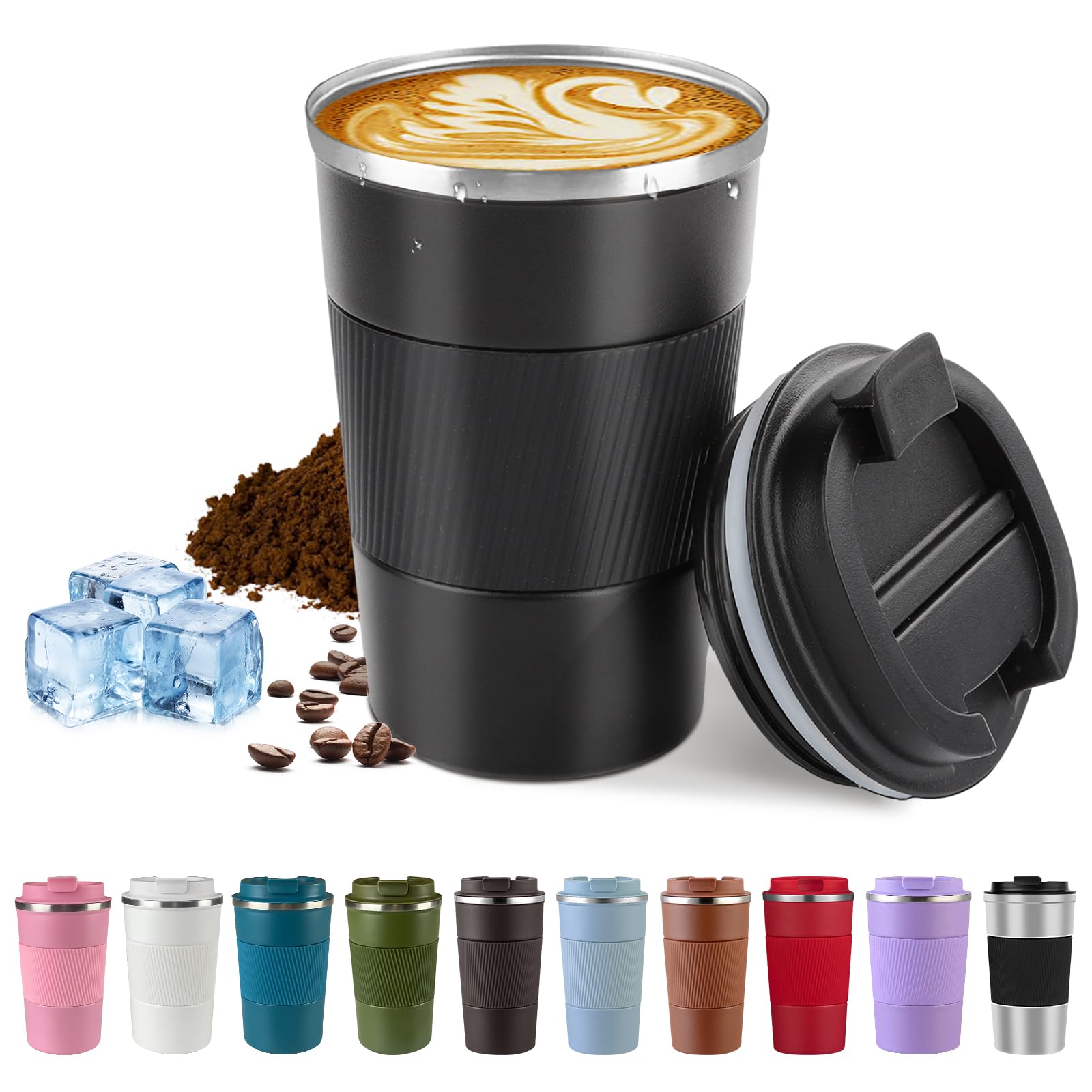 Vacuum-Insulated Stainless Steel Travel Coffee Mug, Leak-Proof Reusable Coffee Cup with Lid - Keep Hot & Cold Drinks for Hours, Durable Insulated Tumbler for Men & Women(3rd-Black, 12OZ)