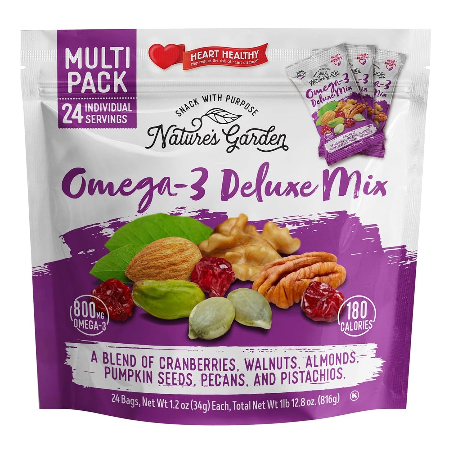 Nature's Garden High Energy Mix, Deluxe Mixed Nuts, Energy Boost, High Energy Trail Mix, Cranberries, Raisins, Almonds, Walnuts, Cholesterol Free, Sodium Free, No Artificial Ingredients – 1.2 Oz Bags (15 Individual Servings)