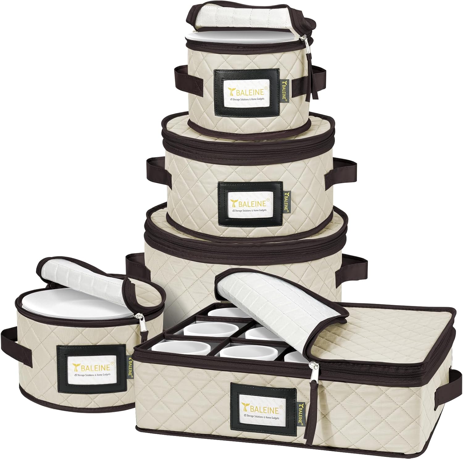 BALEINE China Storage Containers, Sturdy Quilted Wine Glass Storage, Plate Organizer with Carry Handles, Moving Boxes for Dishes, Cups, Mugs and Stemware (Plate Mug Combo, Soft Shell Cream
