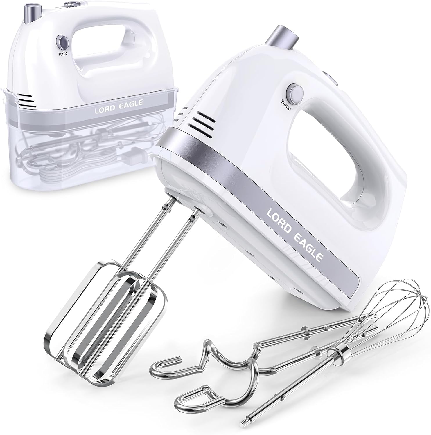 Lord Eagle Hand Mixer Electric Handheld 400W, 5-Speed Lightweight Kitchen Mixer with Storage Case, 5 Stainless Steel Attachments for Baking Cake Egg Cream Food Beater, Turbo+Eject Button