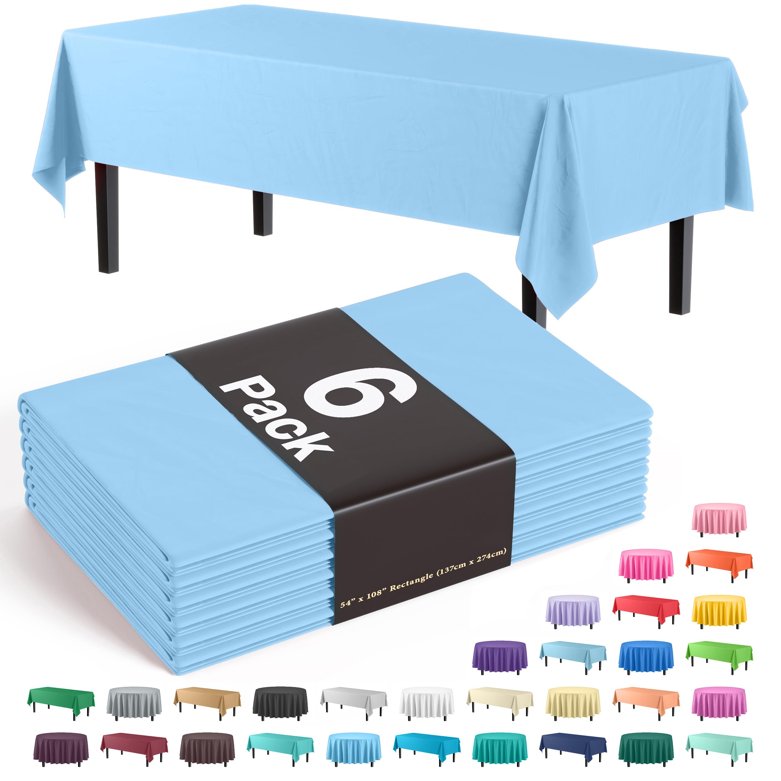 Exquisite Party Solids 6-Pack Premium Plastic Tablecloth 54in. x 108in. Rectangle Plastic Table Cover - Light Blue