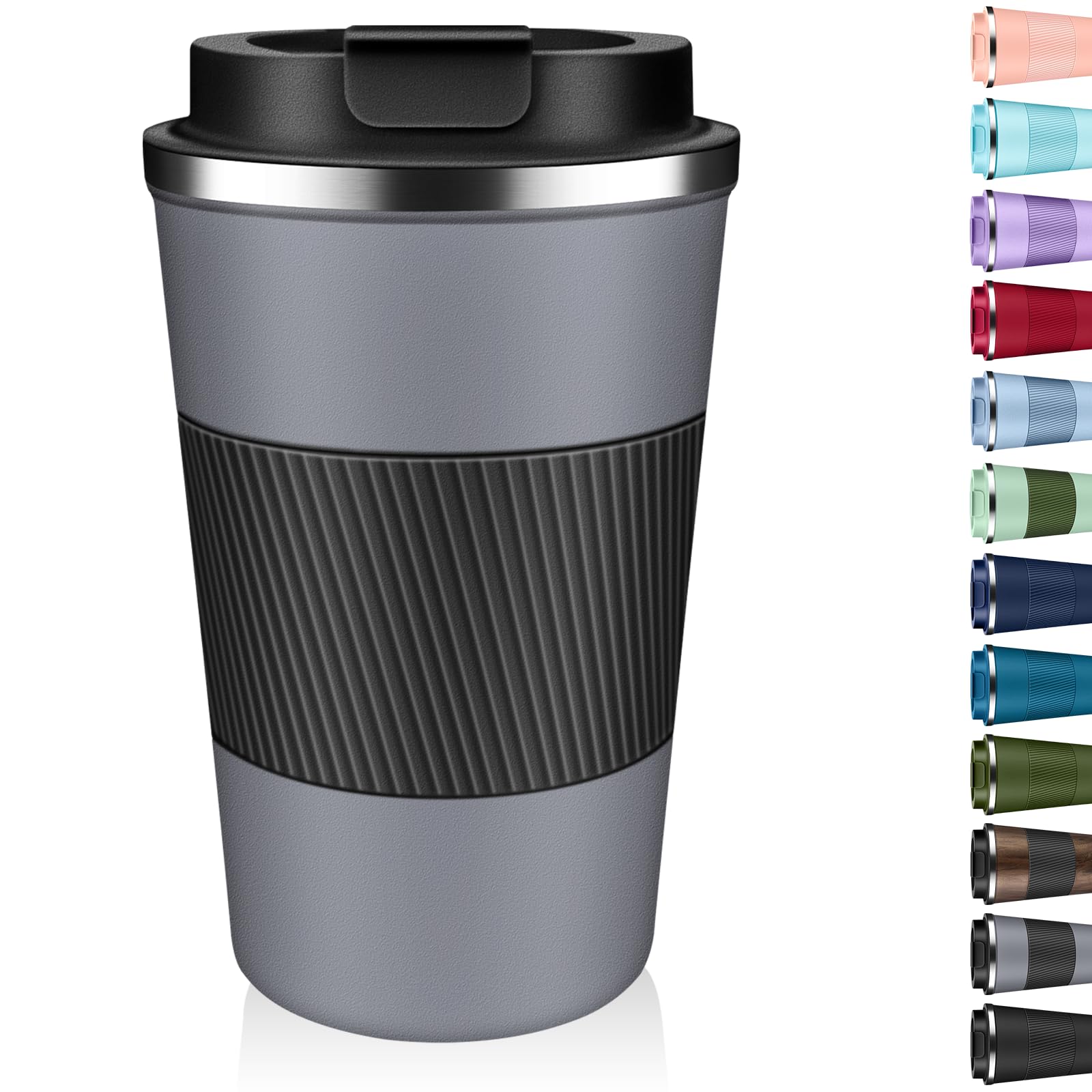 Insulated Coffee Tumbler 12 oz, Stainless Steel Coffee Mug with Lids, Travel Coffee Mug Leak Proof, Double Wall Vacuum Insulated Reusable Coffee Cup, Keep Drinks Hot and Cold (Gray, 12 Ounces)