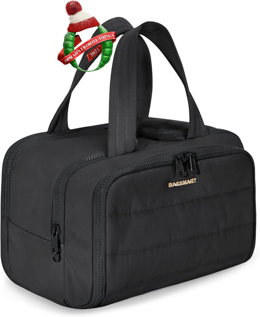 BAGSMART Travel Toiletry Bag, Lightweight Large Wide-open Travel Bag for Women, Puffy Cosmetic Makeup Bag Organizer with Handle for Accessories,Essentials, Toiletries, Black
