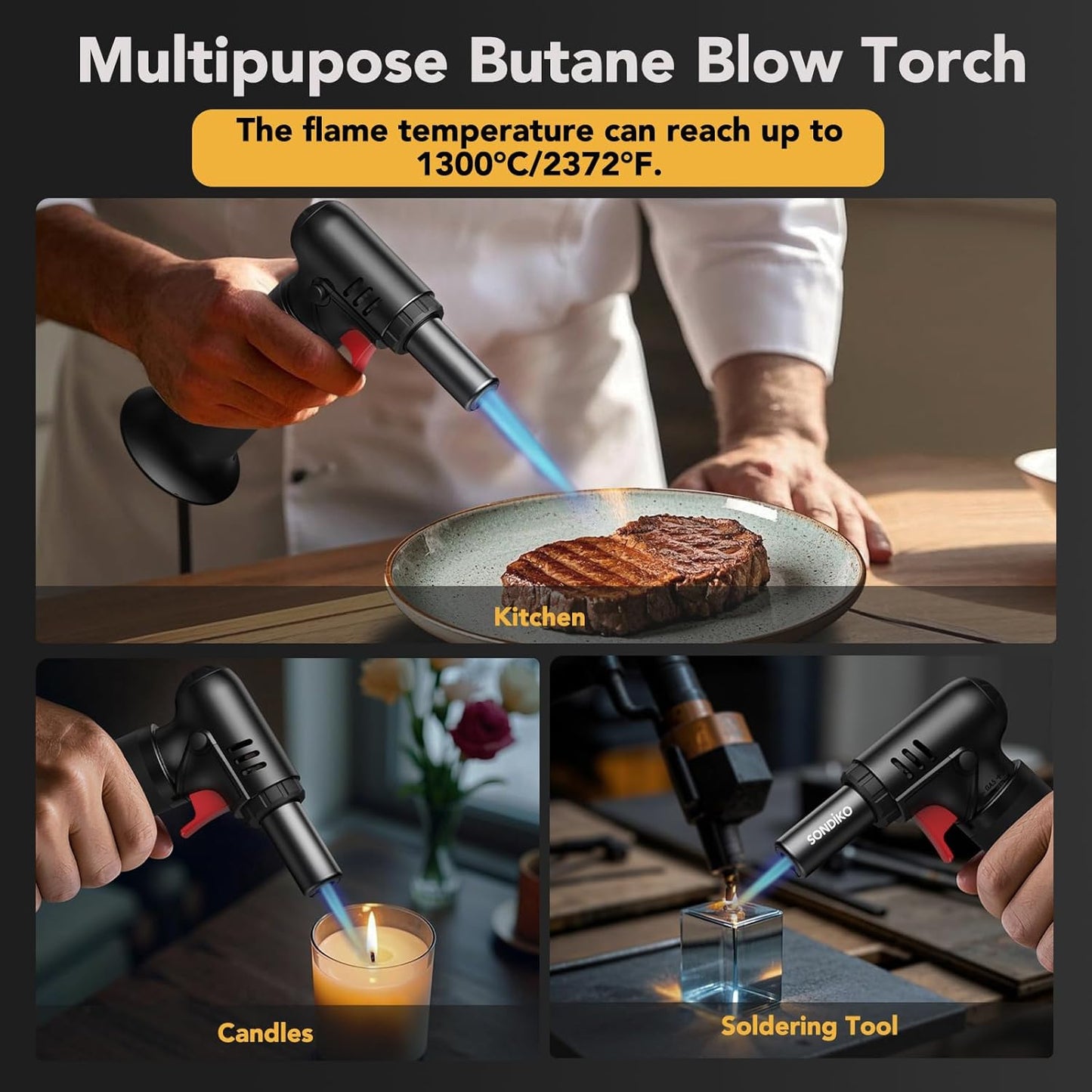 Sondiko Butane Torch Lighter with Visible Fuel Window, Refillable Soldering Torch with Adjustable Flame for Welding, Resin Art, Industrial(Butane Gas Not Included)